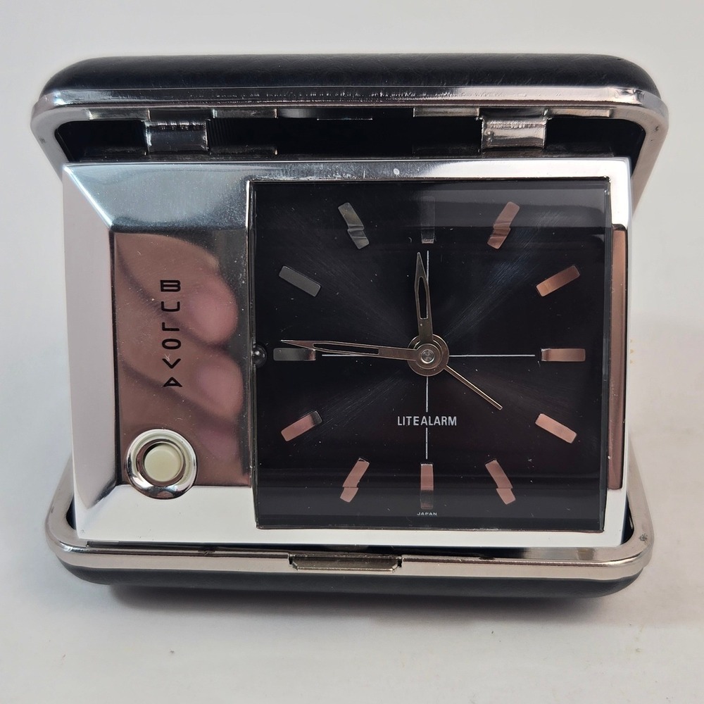 Vintage Bulova Litealarm Travel Clock Folding Wind Up Alarm Japan Black Case